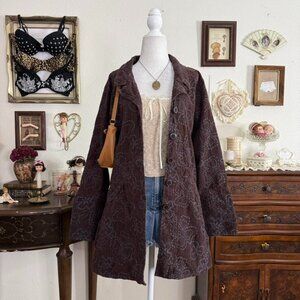 Whimsigoth twee quirky brown corduroy lightweight jacket w floral embroidery